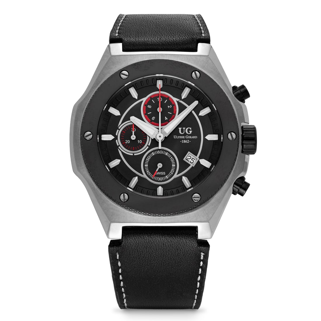 Ulysse Girard Men's Swiss Chronograph: Bold Design and Precision: The Ulysse Girard Men's Swiss Chronograph is a striking timepiece that blends sophisticated style with exceptional functionality. Featuring a 47mm all stainless steel case, this watch boasts a Swiss m
