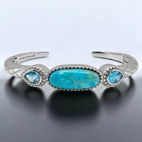 Turquoise & Blue Topaz Sterling Silver Bangle Bracelet - 6.75"