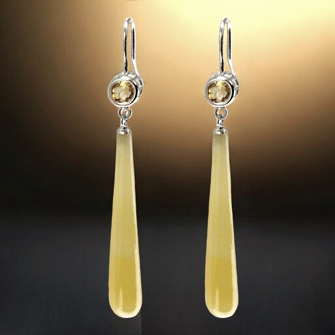 Glamorous Elonganted Yellow Jade Earrings surrouned by Sterling Silver with Citrine Accents (1 of 1)