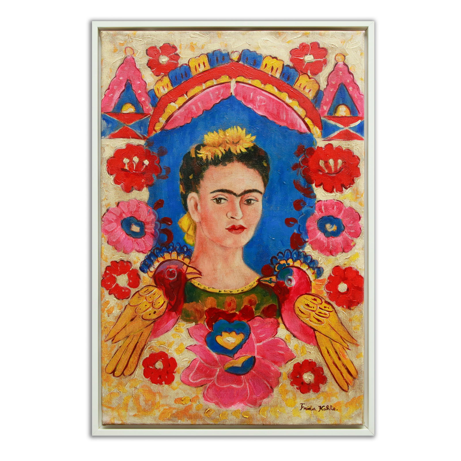 Oil Painting on Canvas Attributed to Frida Kahlo - Self-Portrait with Flowers and Birds (1 of 15)