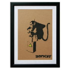 Cardboard Art Attributed to Banksy Featuring a Monkey with TNT Control Box