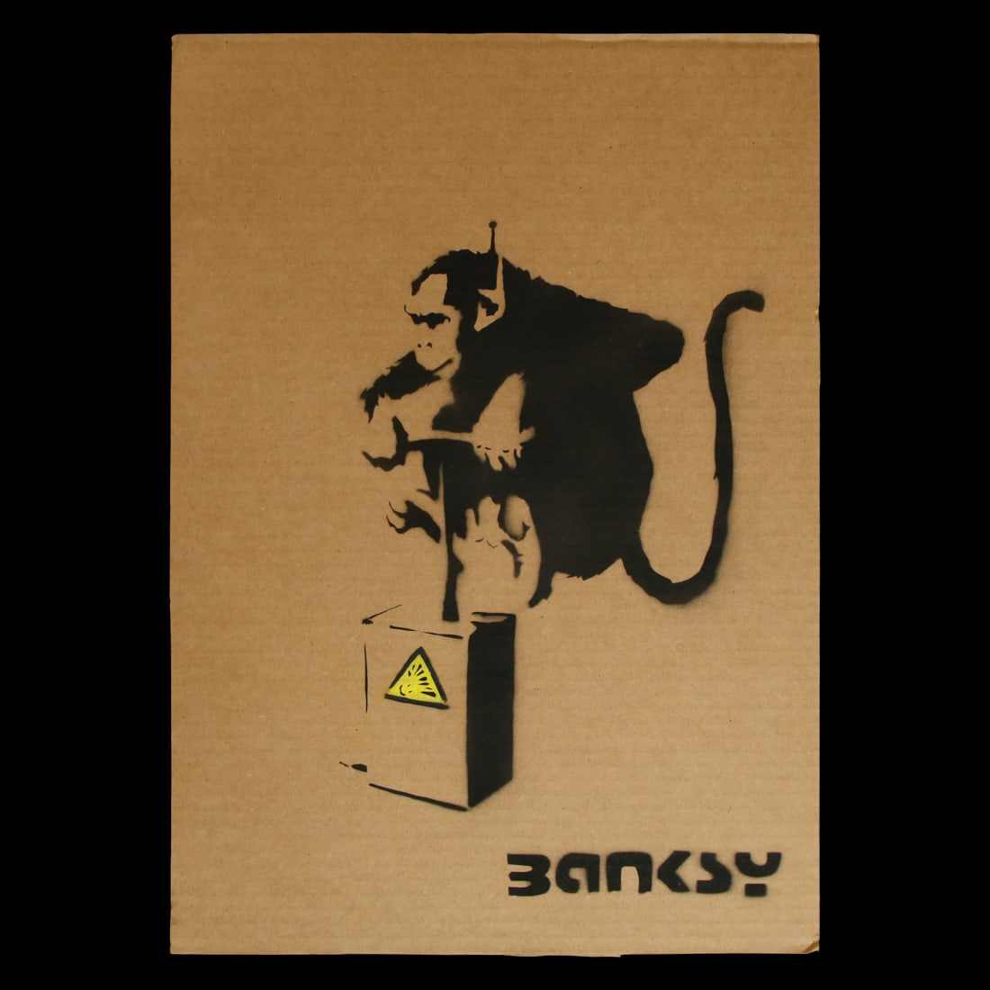 Cardboard Art Attributed to Banksy Featuring a Monkey with TNT Control Box (1 of 6)