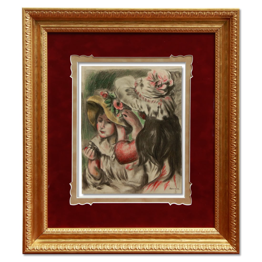 Pierre-Auguste Renoir Drawing of a Woman Pinning a Flower to a Hat: Pierre-Auguste Renoir Drawing of a Woman Pinning a Flower to a Hat. Dimensions: 11.75 x 9.25 inches (unframed), 22 x 19.5 framed. Medium: Color and charcoal shading on paper. Signature: Signed "Renoir