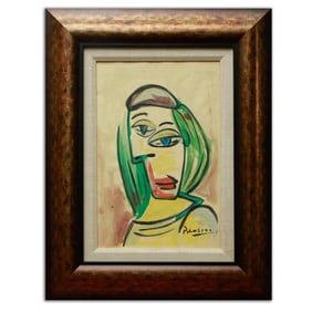 Pablo Picasso Watercolor of a Woman with Blue Eyes and Green Hair