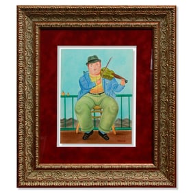 Mixed Media Drawing by Fernando Botero of a Man Smoking and Playing a Violin