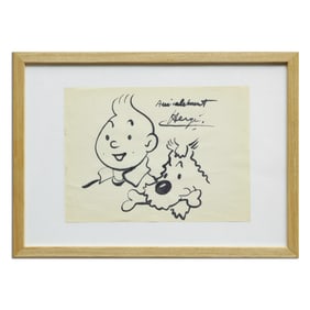 Drawing of Tintin with Message and Signature by Hergé