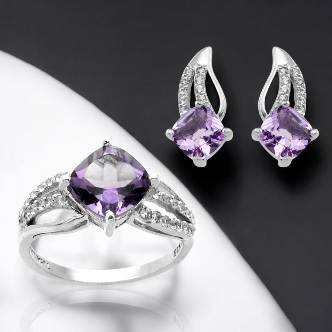 Amethyst & White Topaz Sterling Silver Ring (Size 7) & Matching Earrings (1 of 1)