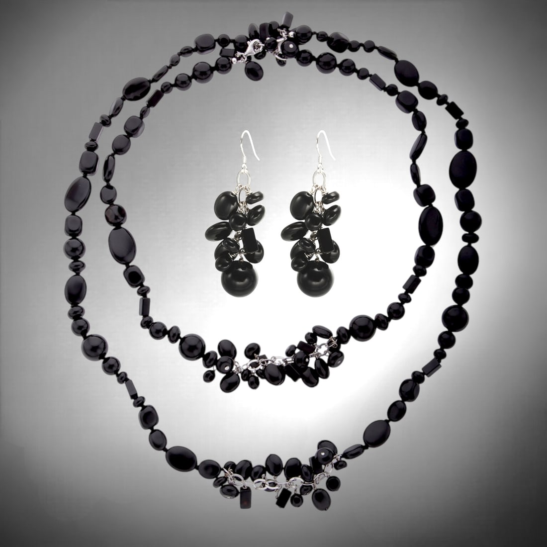 Stunning Black Agate Necklace with matching Black Agate Earrings both set in Sterling Silver (1 of 1)