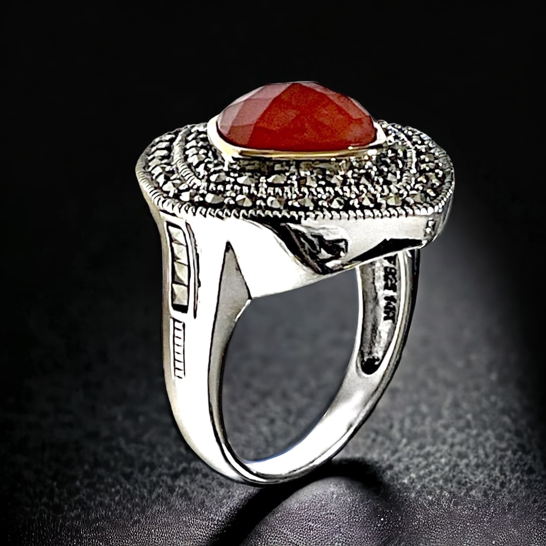 14K Gold & Sterling Silver Ring with Radiant Red Agate and Sparkling Marcasite Accents - Size 8 (1 of 2)