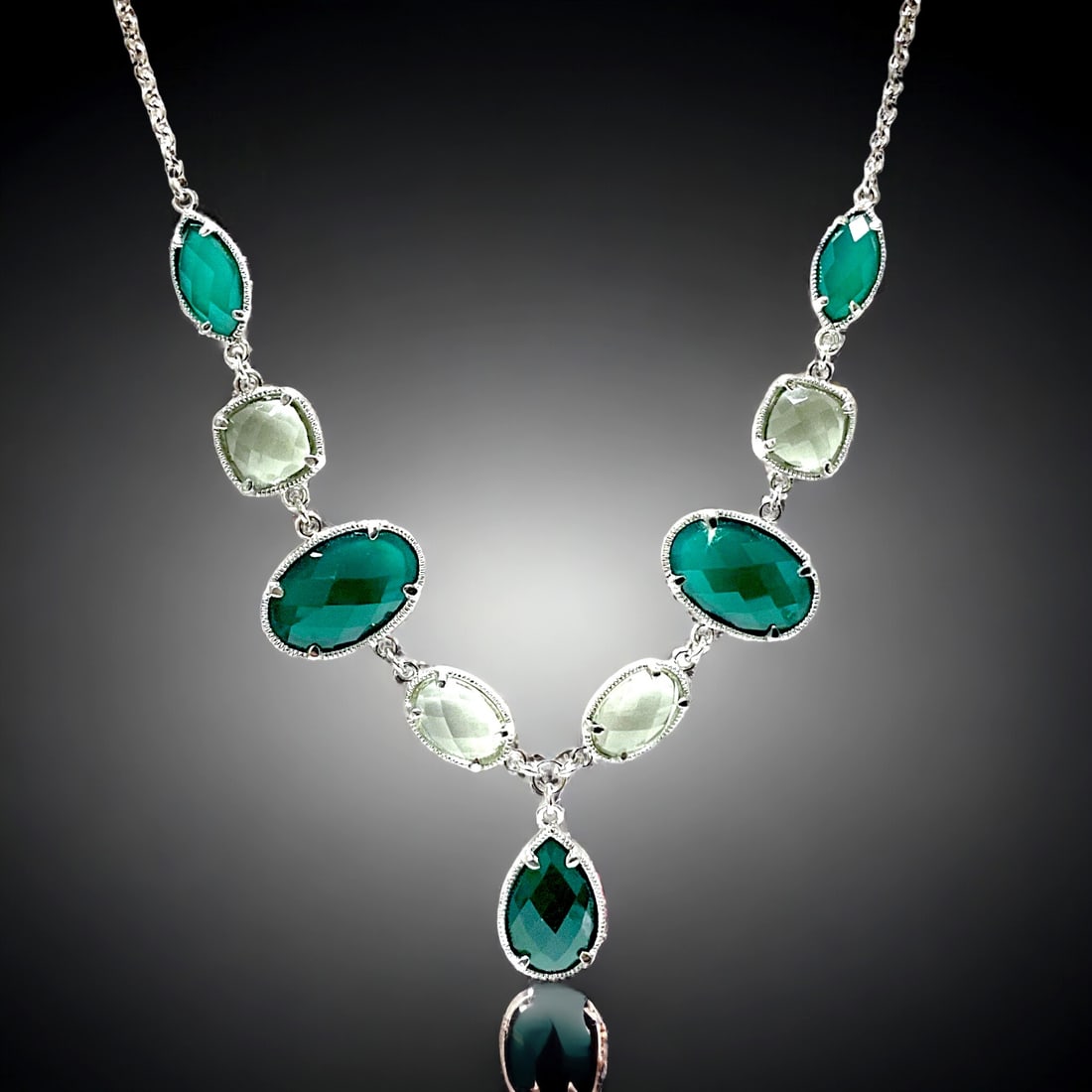 Green Agate and Green Amethyst Stone 18" Sterling Silver Necklace; 2" Extension (1 of 1)