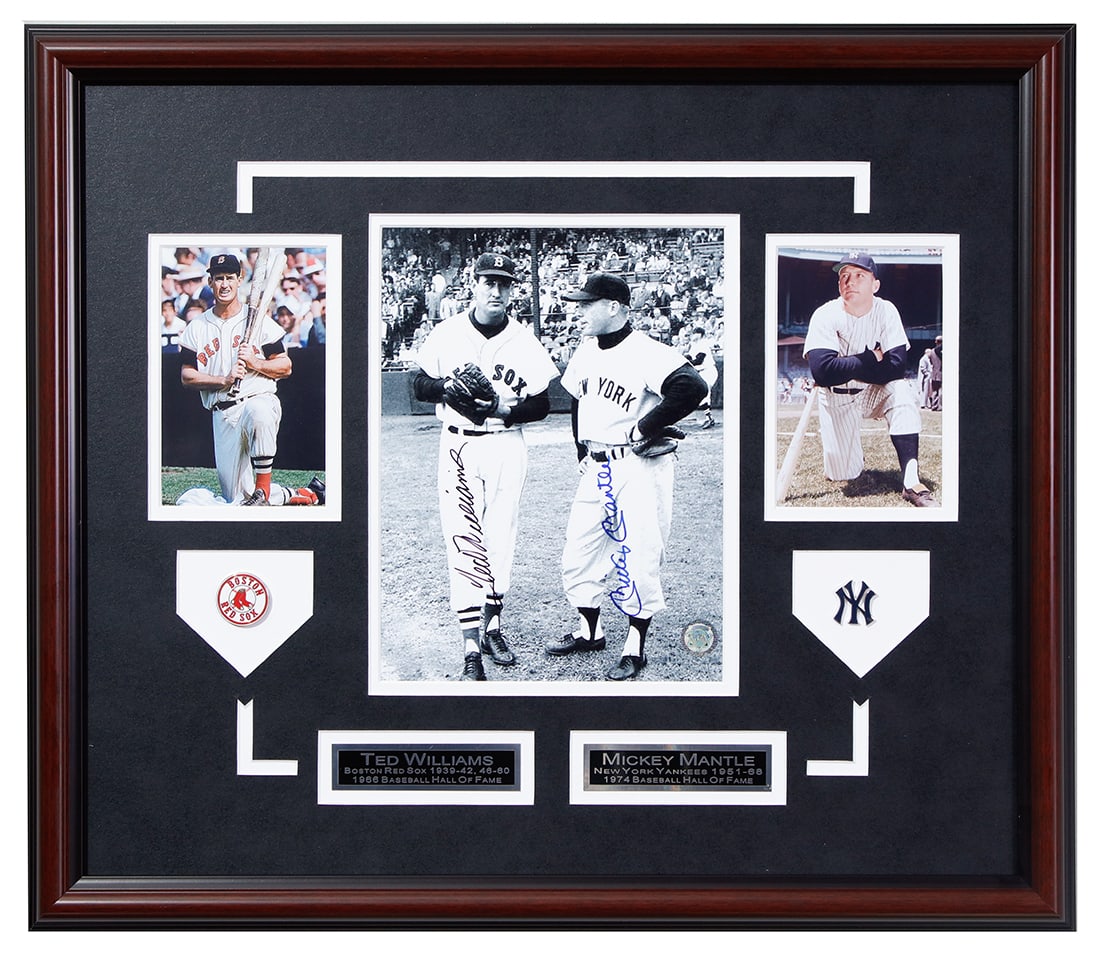 Titans of the Diamond: Ted Williams & Mickey Mantle Signed Photograph: Titans of the Diamond: Ted Williams & Mickey Mantle Signed Baseline Conversation Photograph. Offered to the discerning collector is a rare and captivating piece of baseball heritage—a museum-qua