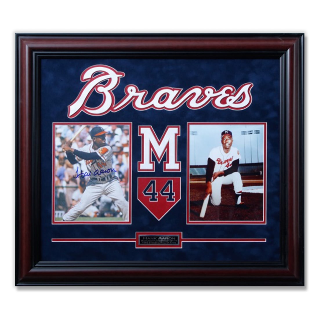 Hank Aaron Atlanta Braves Signed Photo: Hank Aaron Atlanta Braves Signed 8x10 – Museum Quality Custom Designed Frame (29x25). We are proud to present an exceptional piece of sports memorabilia with significant historical value - a Han
