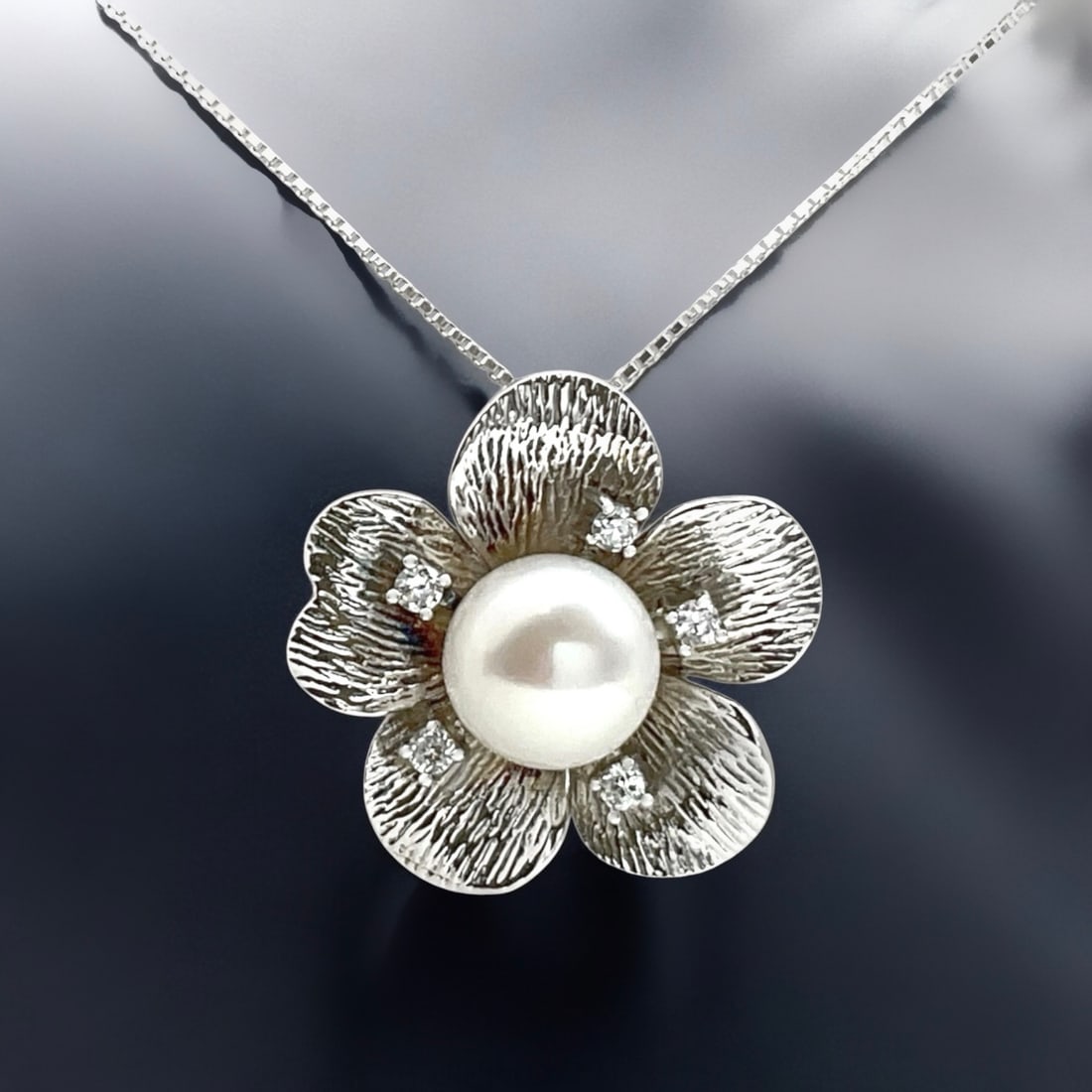 Enchanting Pearl Flower Pendant with sparkling Simulated Diamond accents on an 18" Sterling Silver (1 of 1)