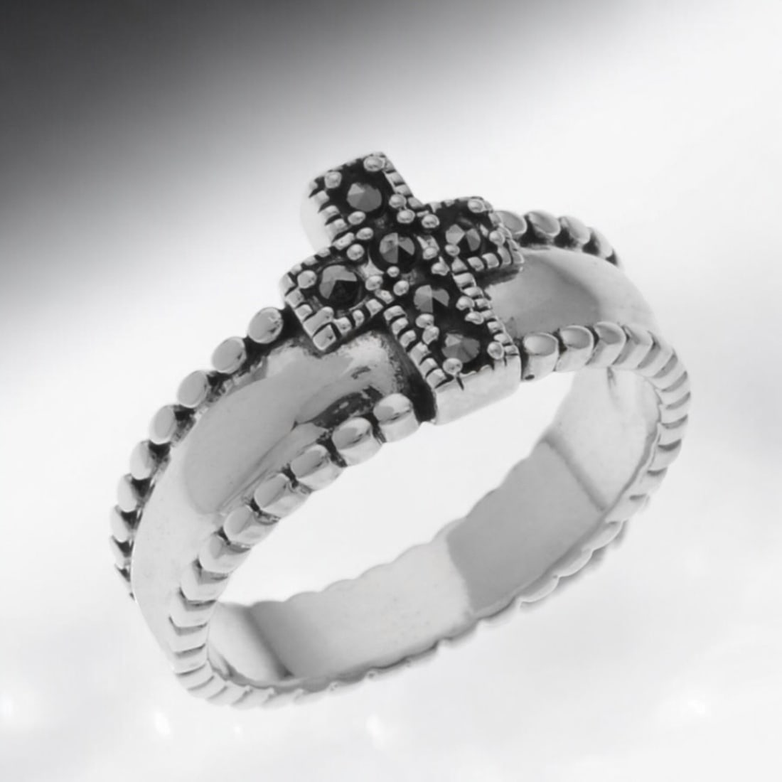 Spirtual Sterling Silver Cross crafted with Sterling Silver: Product Details Item: Ring Metal: Sterling Silver Gemstone: Marcasite Approximate Measurements: Width: 9.8 mm Ring Size: 9 Chain Length: Not Applicable Chain Metal: Not Applicable