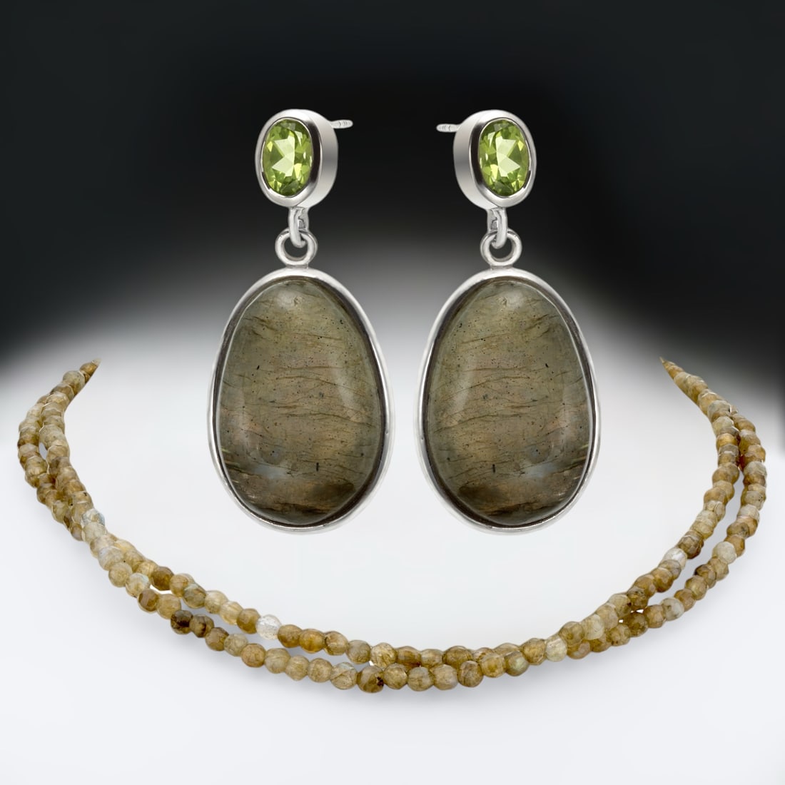 Set of Labradorite Necklace & Labradorite and Peridot Earrings in Sterling Silver (1 of 1)