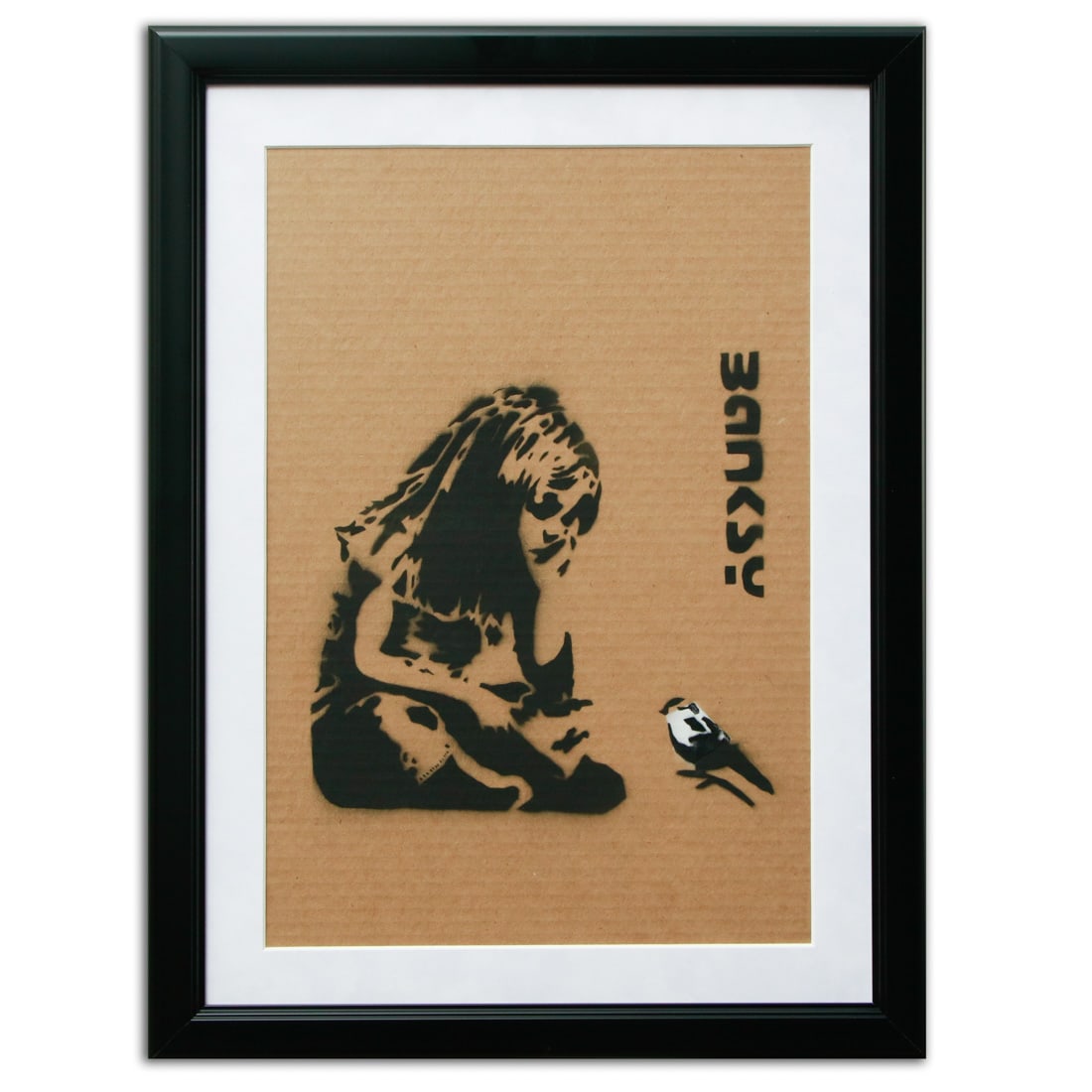 Cardboard Art Attributed to Banksy Featuring a Little Girl and Bird (1 of 7)