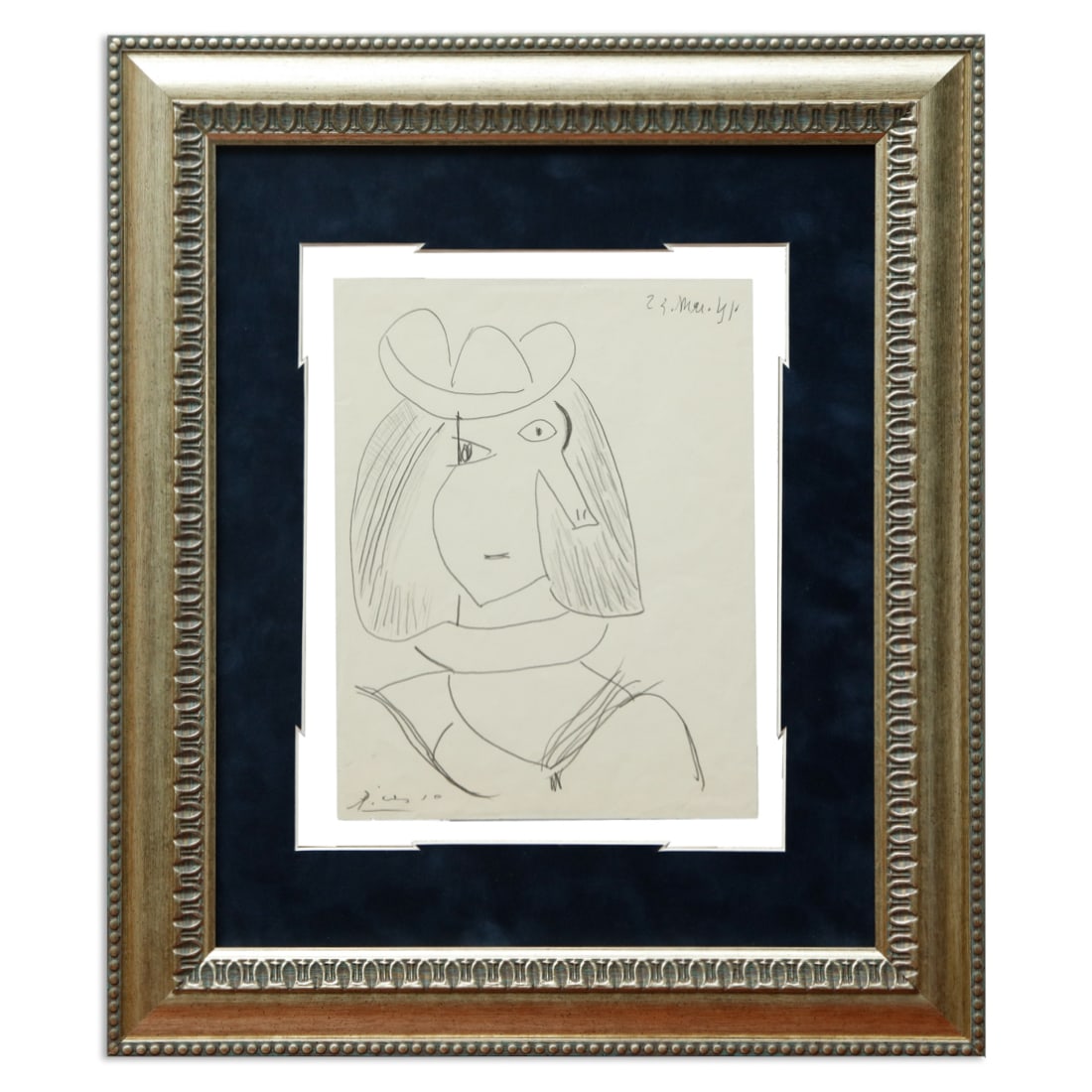 Pablo Picasso Drawing in Pencil, 1941: Drawing Pablo Picasso. Medium: Pencil on paper. Dimensions: 8.5" x 11.5" (unframed). Date: Appears to be 23 Mar 1941. Design: Shoulder-up drawing of a person with a hat. Signature: Picasso signature a