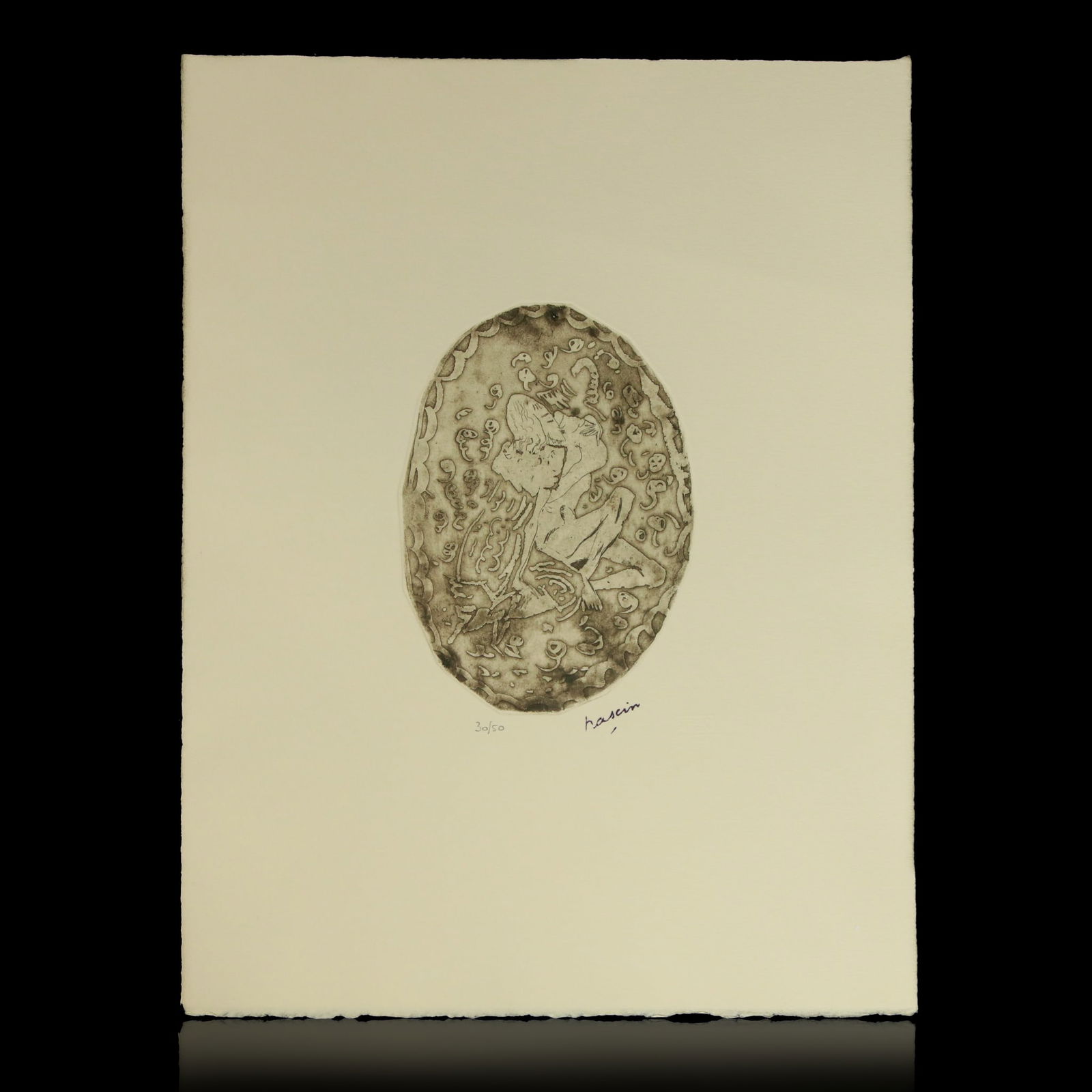 Jules Pascin Print "Le Baiser" (The Kiss) Edition: 30/50: Jules Pascin Print "Le Baiser" (The Kiss) Edition: 30/50 Dimensions: 13" x 10” Signed by Jules Pascin with Atelier Pascin pressed into woodcut paper below the signature. Certificate of Authentic