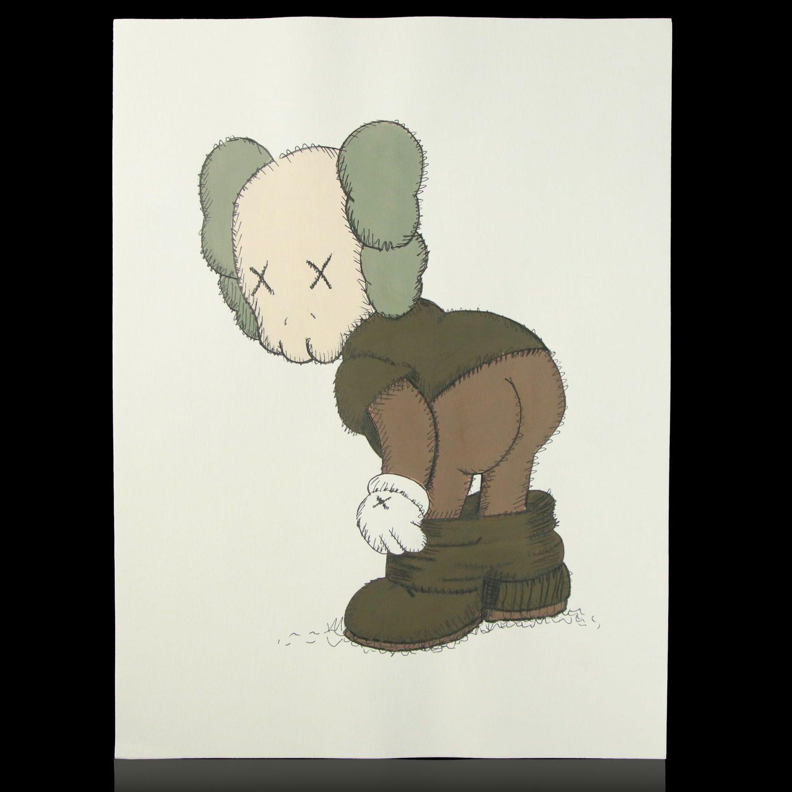 Mixed Media Drawing of KAWS Companion Mooning: Mixed Media Drawing of KAWS Companion Mooning. Attributed to KAWS (Brian Donnelly) Medium: Mixed Media on Paper. Date: 2017. This unique mixed media drawing features the iconic KAWS Companion in a pla