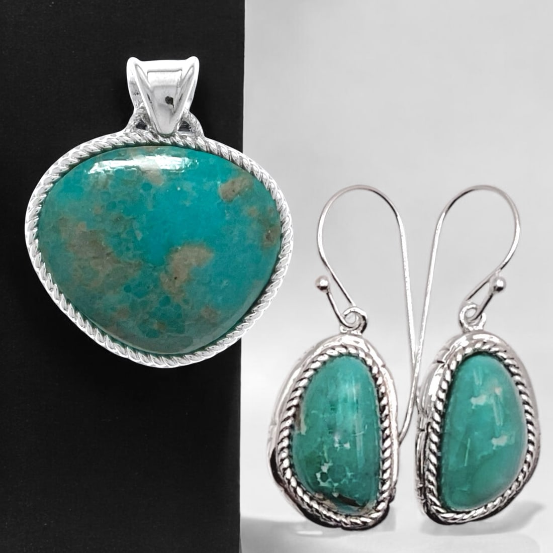 Campo Frio Turquoise Sterling Silver Pendant & Earrings Set: Product Details Item: Pendant & Earrings Set Metal: Sterling Silver Gemstone: Compo Frio Turquoise Approximate Measurements: Earrings: 36.3 mm X 13.5 mm and Pendant: 33.9 mm X 25.9 mm Ring Size: Not