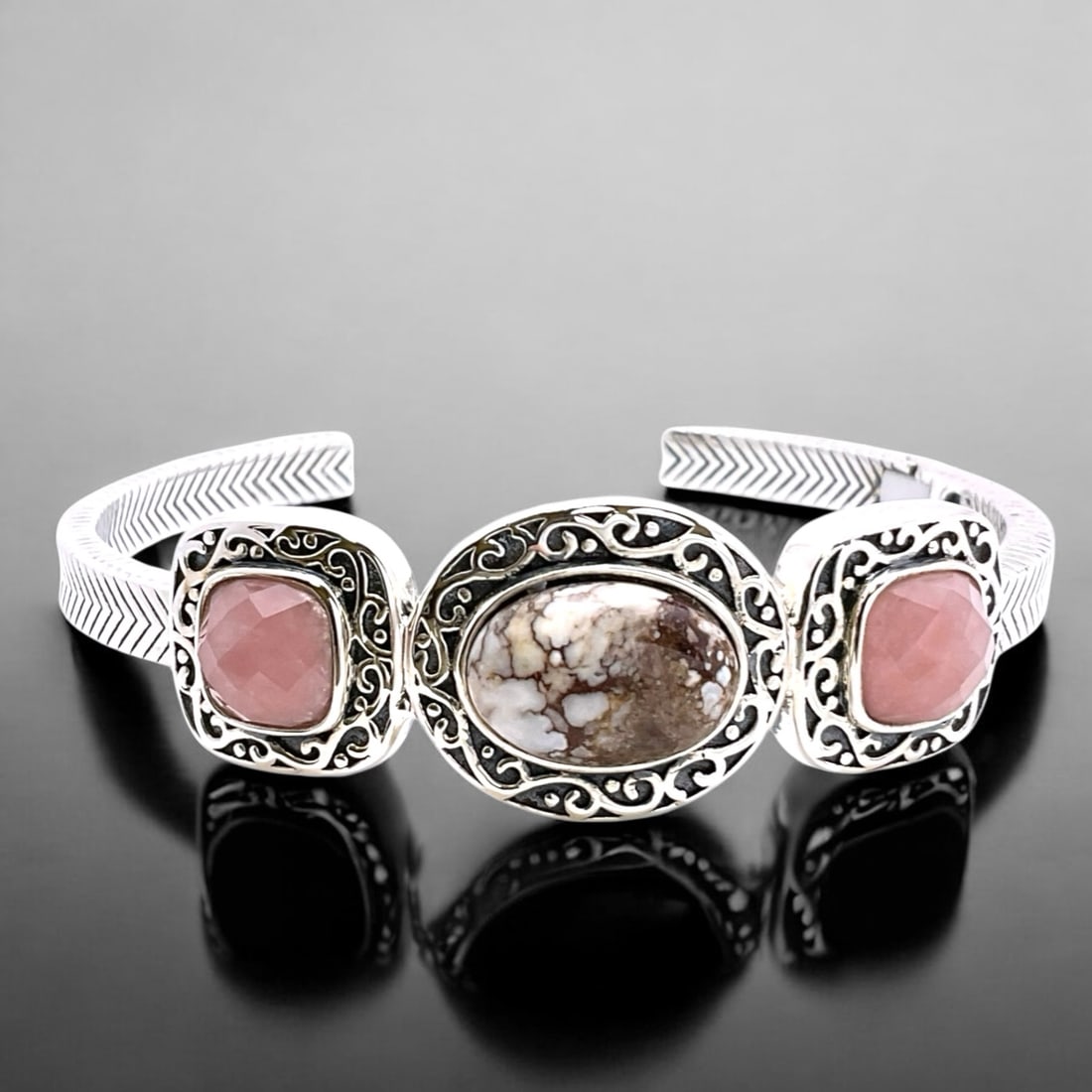 Wild Horse & Strawberry Quartz Sterling Silver Bangle Bracelet (1 of 2)