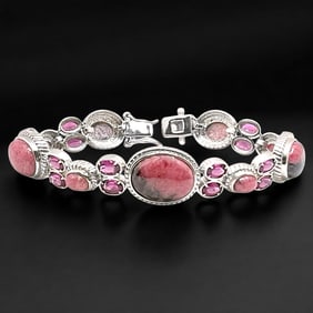 Garnet & Rhodonite Gemstone Sterling Silver Bracelet - 7.75"