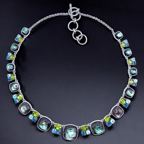 22.5 cttw Abalone, Peridot, London Blue Topaz, & Swiss Blue Topaz Sterling Silver Necklace 19.5"