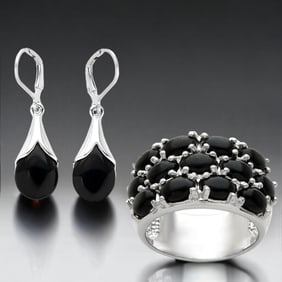 Black Onyx Ring & Earring Set, Crafted in Sterling Silver