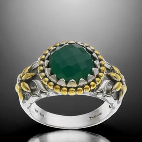 Green Agate Balinese Design Ring in Sterling Silver - Size 7