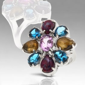 4+ Carats of Topaz, Labradorite, Turquoise, & Amethyst Gems in Sterling Silver Ring, Size 8