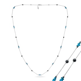 Sterling Turquoise & Hematite Station Necklace 36" and 1" extension