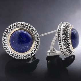 14K Gold & Sterling Silver Lapis Lauzli Leverback Earrings
