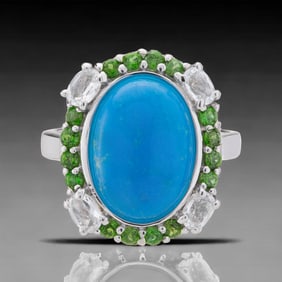 Oval Ceruleite with Chrome Diopside and White Topaz Sterling Silver Ring - Size 6