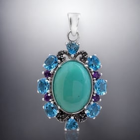 Turquoise Pendant Surrounded by Blue Topaz, Amethyst, & Black Spinel in Sterling Silver