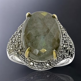 Labradorite & Marcasite Sterling Silver Ring - Size 9