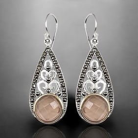 Rose Quartz & Marcasite Sterling Silver Earrings