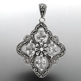 Marcasite Pendant with Simulated Diamonds, Set in Sterling Silver
