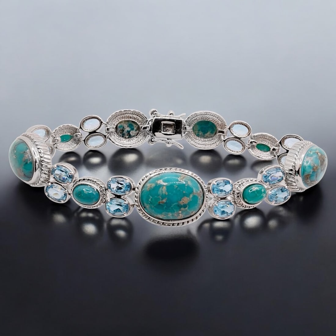 Southwest Campo Frio Turquoise & Swiss Blue Topaz Sterling Silver Bracelet - 7.75" (1 of 2)