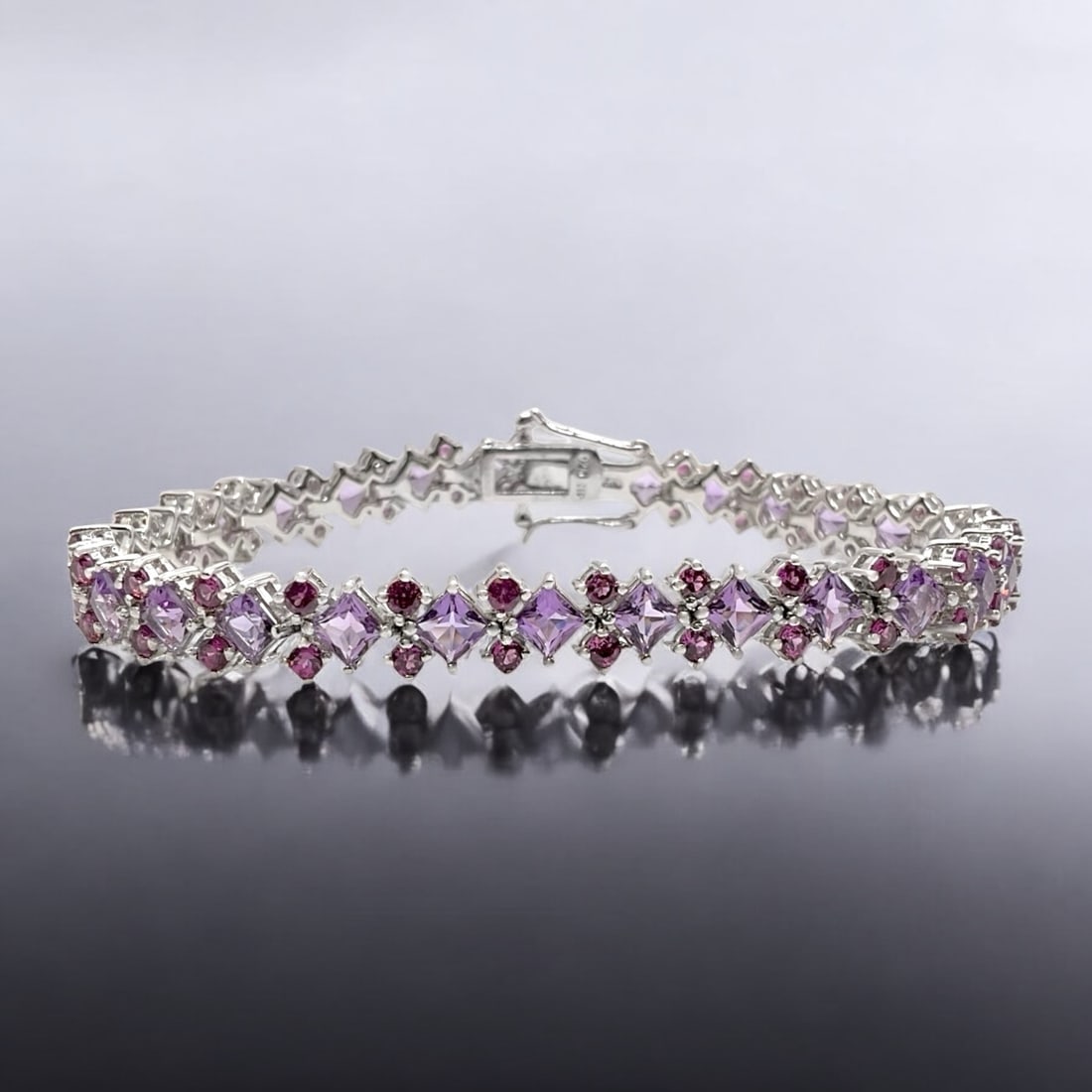 Multi-Gemstone Sterling Silver Bracelet with Amethyst & Garnet Gems - 7.75" (1 of 1)