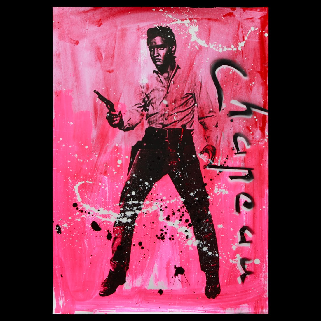 Ronald Chapeau Mixed Media Art – 27.5" x 39": Title: Original Chapeau Mixed Media Artwork: Elvis Presley in a Clint Eastwood Style Pose Dimensions: 27.5" x 39" Medium: Mixed media on canvas Provenance: Consigned by the Esteemed D