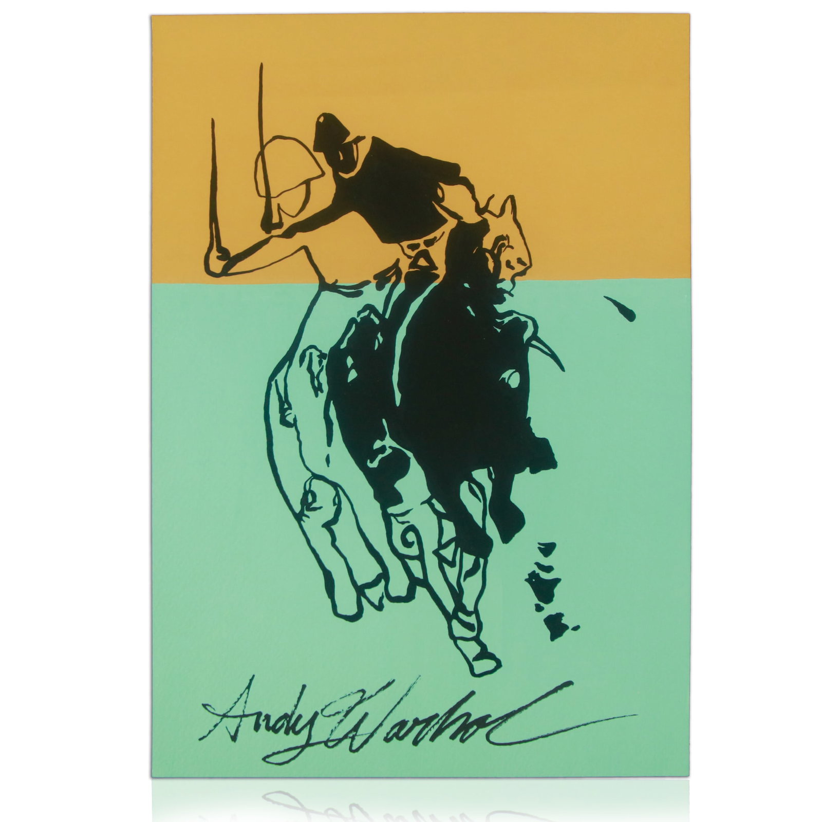 Painting on Paper In the Style of Andy Warhol: In the Style of Andy Warhol Painting on Paper – "Polo Players on Brownish/Orange and Bluish Green Background"** We are delighted to present a captivating painting on paper executed in the distinctiv