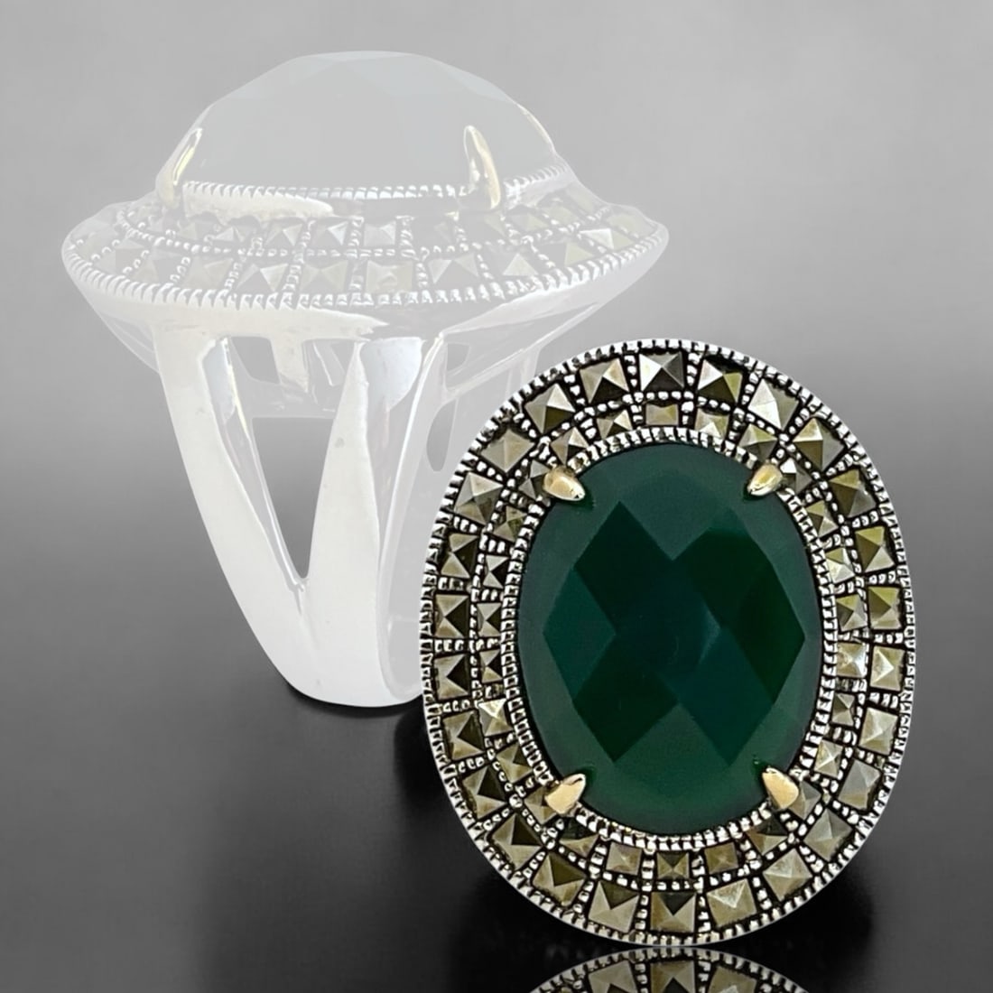 14K Gold & Sterling Silver Green Agate & Marcasite Ring - Size 9 (1 of 1)