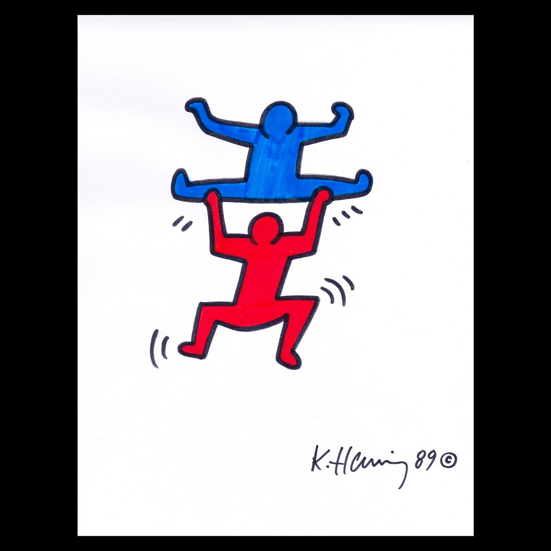 Marker Drawing in the Style of Keith Haring: Title: Keith Haring-Style Marker Art: Dynamic Duo in Bold Colors Dimensions: Standard-sized page Medium: Marker on paper Provenance: Offered as in the style of Keith Haring