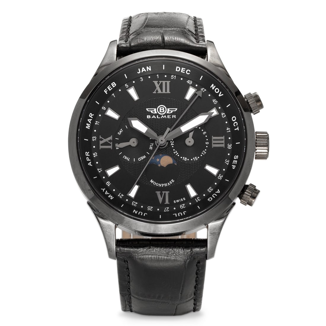 Balmer Phantom Swiss Watch: The Balmer Phantom Swiss Watch is a masterpiece of refined craftsmanship, seamlessly combining sophisticated design with advanced functionality. With a striking black IP-coated stainless steel case an