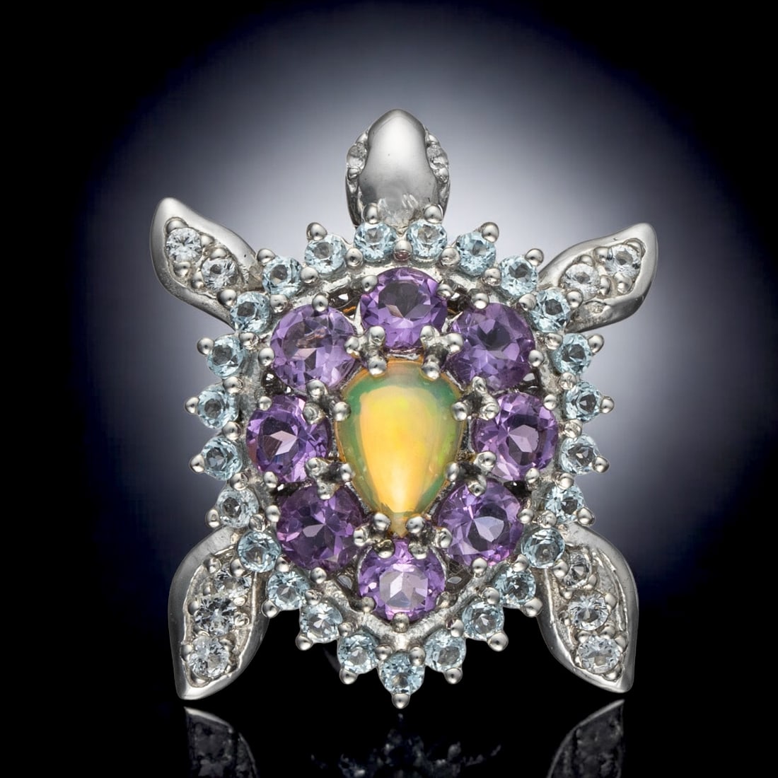 Turtle Pendant in Sterling Silver with Opal, Amethyst, Blue Topaz, & White Topaz Gems (1 of 1)