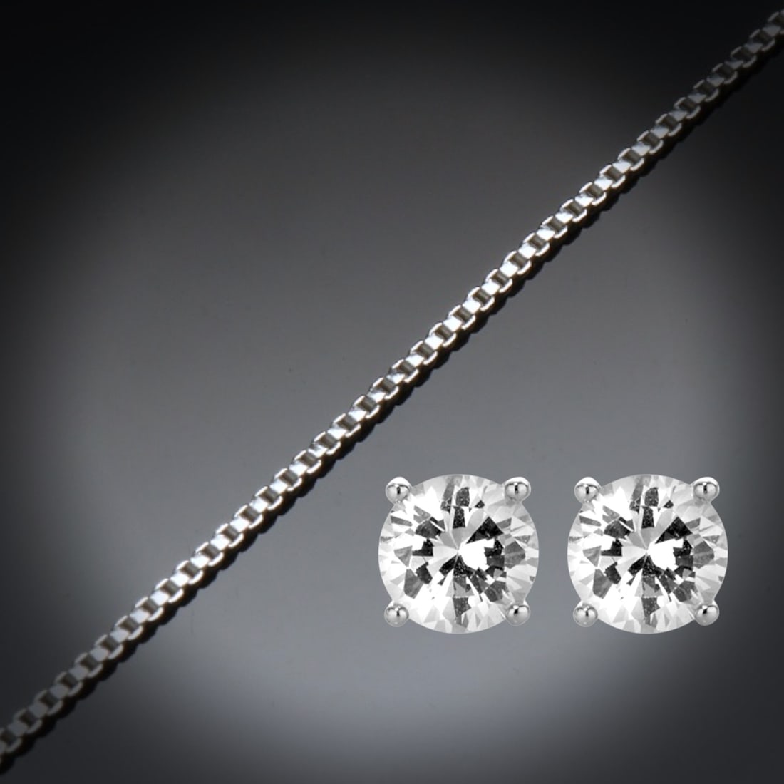18" Sterling Silver Box Chain with 7mm Simulated Diamond Sterling Silver Earrings (1 of 1)
