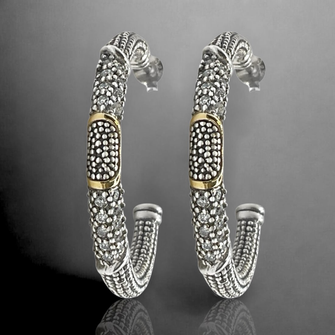 14K Gold & Sterling Silver Hoop Earrings Adorned with Simulated Diamonds (1 of 1)