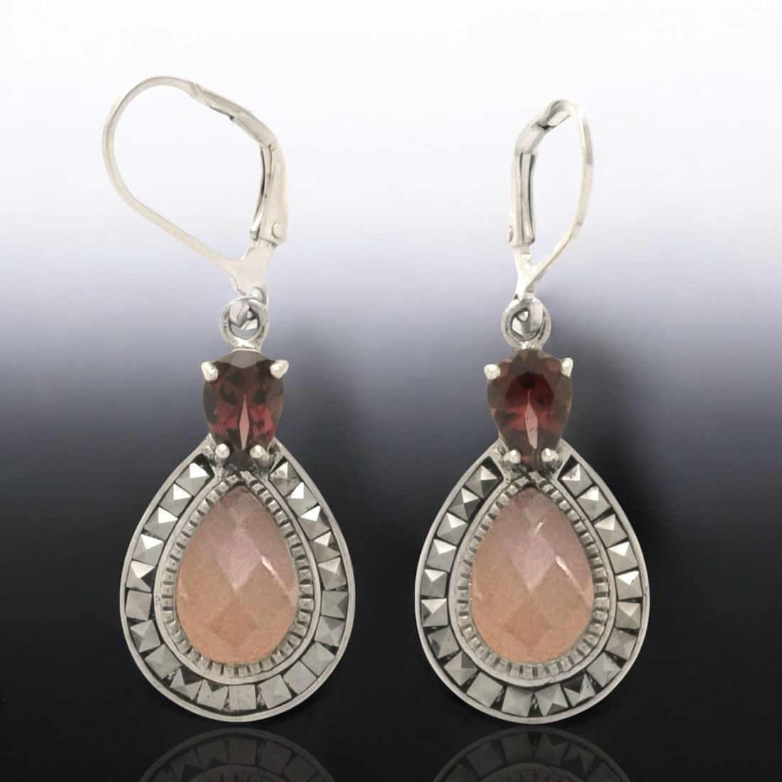 Rose Quartz Sterling Silver Earrings with Deep Red Garnet and Marcasite Accents (1 of 1)