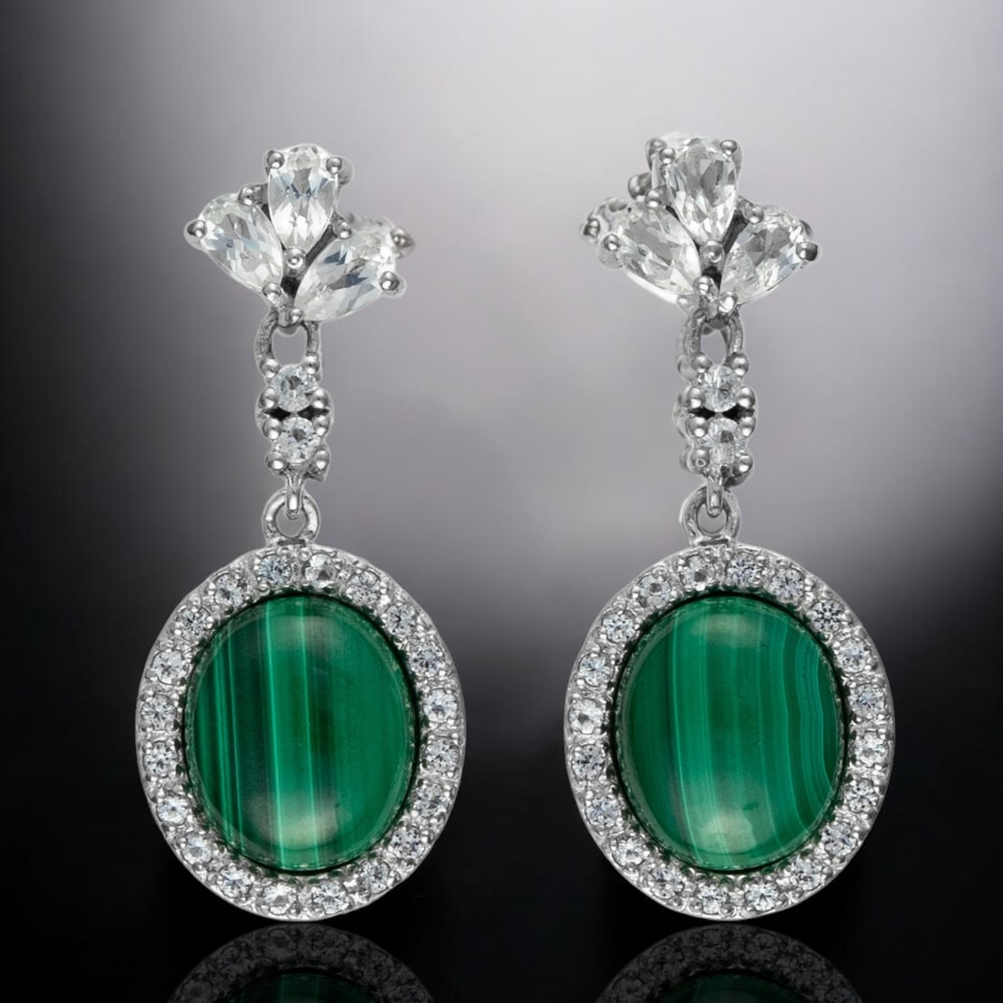 Sterling Silver Earrings with Malachite & White Topaz (1 of 1)