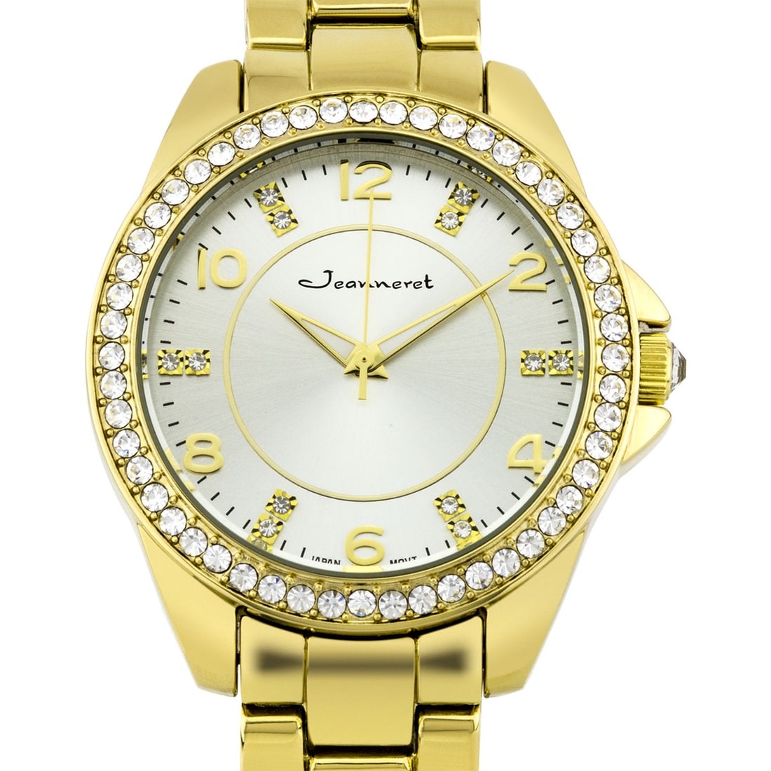 Jeanneret Crystal Sport Ladies Watch: Jeanneret Elegant Sport Watch, Shimmering Czech Crystals Surrounding the Bezel, Japan Quartz Movement, 40mm Case, Sunray Dial. Polished Gold Markers, Stainless Steel, Metal Case, 18mm Adjustable Strap